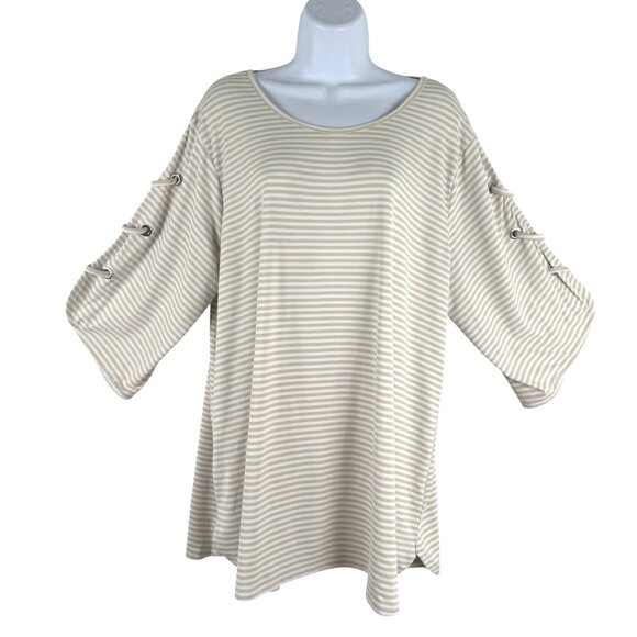 Lulu-B Tops - Lulu B Top 1X Striped‎ Lace Up Sleeve Stretch 3/4 Sleeve Nylon Spandex TP-3203